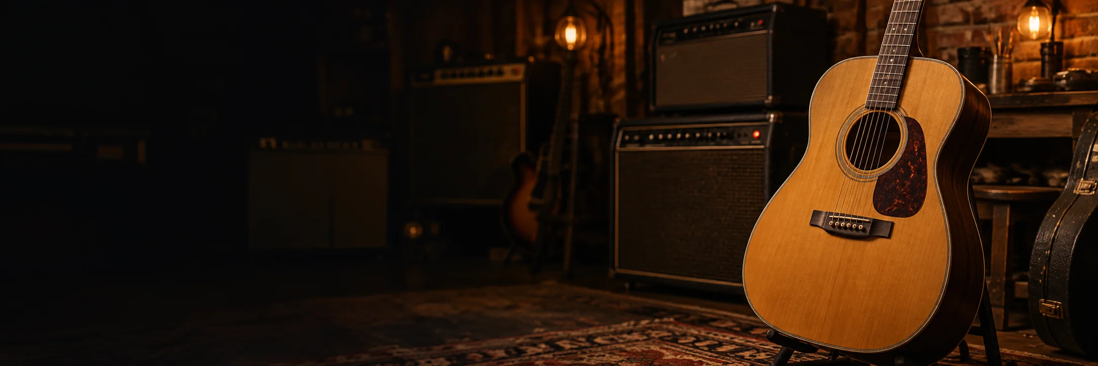 Guitarra acústica en un estudio de música